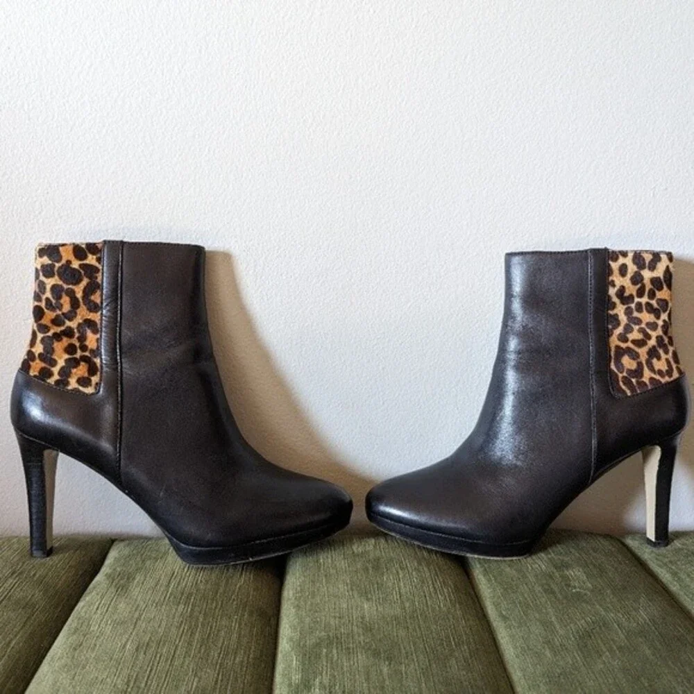 Tahari Serena Genuine Black Leather Calf Hair Leopard Print Fur Booties